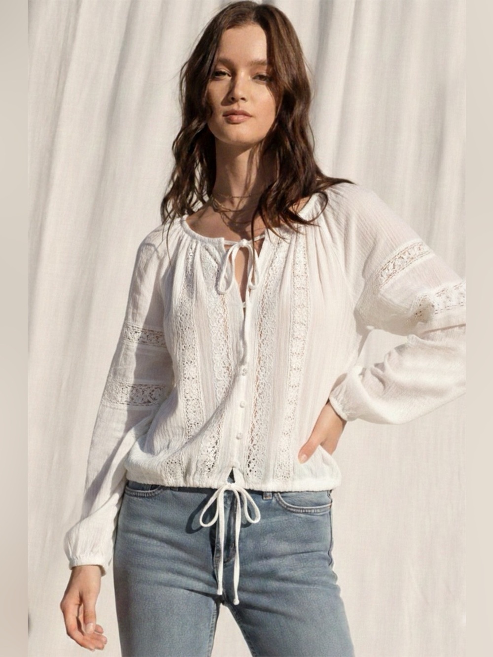 Women's White Lace-Trim Peasant Blouse